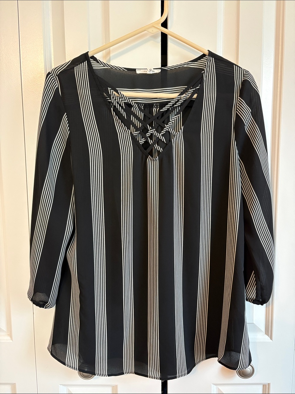Maurices Black and White Striped Lace-Up V-Neck Blouse - Picture 2 of 5